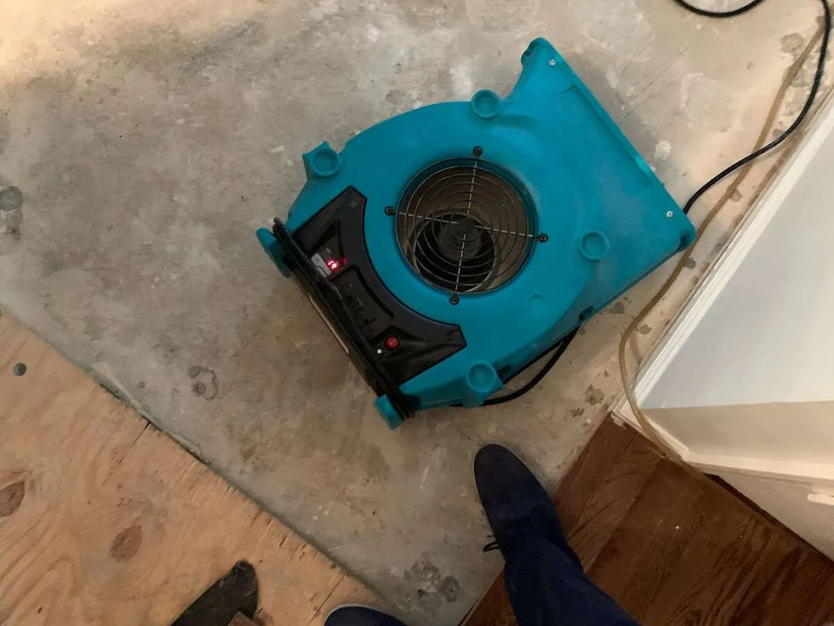 Air mover drying subfloor during Commercial Water Damage Restoration in Monona